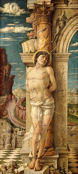 Cuadro de San Sebastian pintado por Andrea Mantegna. San Sebastian aparece atado a una columna con forma de la Y ipsilon